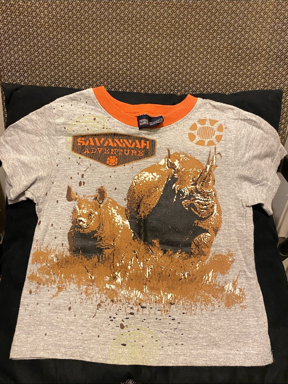 Faded Glory Vintage Gray Tee with Orange Rhino Safari Graphic 2T (B)